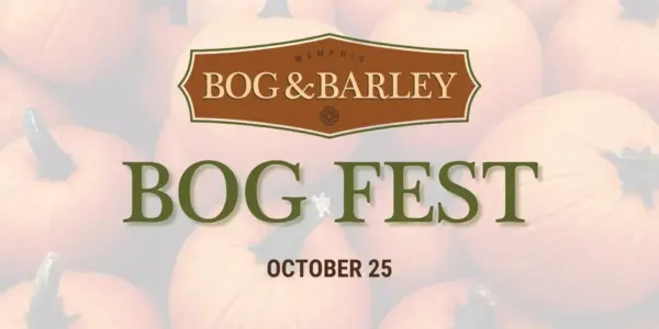 Memphis Bog & Barley Bog Fest poster with a pumpkin background and the date October 25.